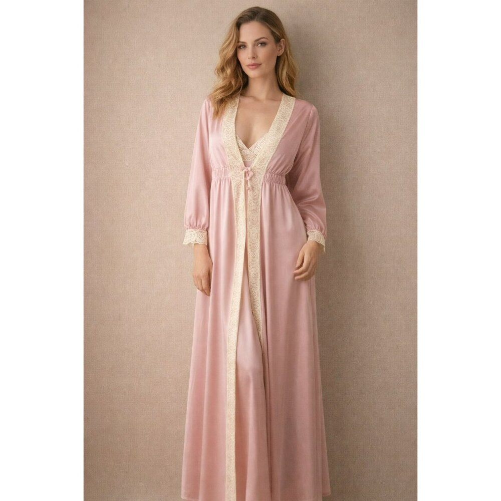 Miss Clora Union Made Pink Satin Lace Robe + Nightgown Medium